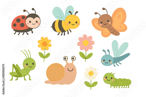 Charming set of smiling cartoon garden insects and vibrant flowers
