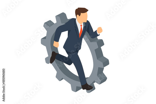 Businessman running inside large rotating gear mechanism isometric view