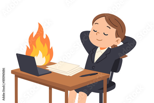 Calm businesswoman ignores burning laptop computer on desk