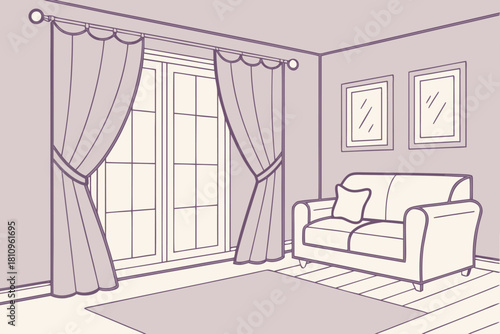 Living room interior with couch window curtains and wall art vector illustration