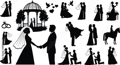 Wedding silhouette illustration, romantic couple, marriage proposal, love celebration, heart symbol, black vector art, cad drawing flat vector illustration