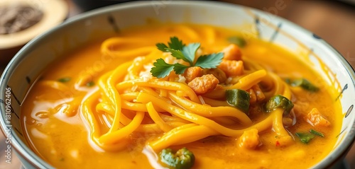 Close-up of vibrant yellow curry noodles in a bowl, spring onion, home cooking
