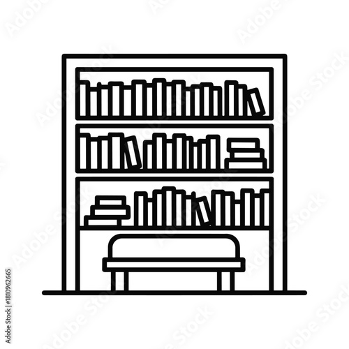 Simple line drawing of a bookshelf with a bench
