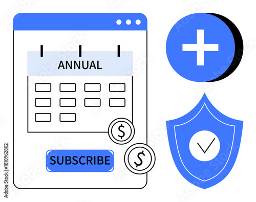 Subscription concept. Annual subscription calendar with dollar icons, security badge, and plus symbol. Subscription for services thumbs up SaaS, financial tools, content platforms. Design, fintech