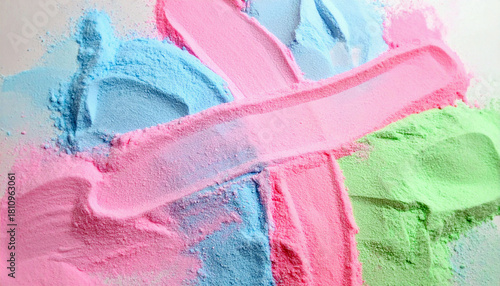 Vibrant Pastel Powder Swirls, a Colorful Display of Texture and Hue. A close-up shot of a mix of pastel powder colors, arranged to create an eye-catching display. The soft.
