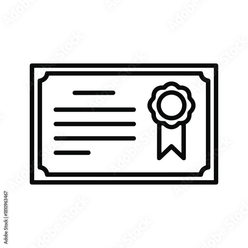 Simple line art icon of a certificate with a ribbon and seal