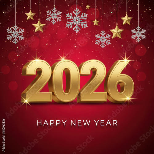 Happy New Year 2026 golden text with snowflakes and stars Keywords: 2026, new year, happy new