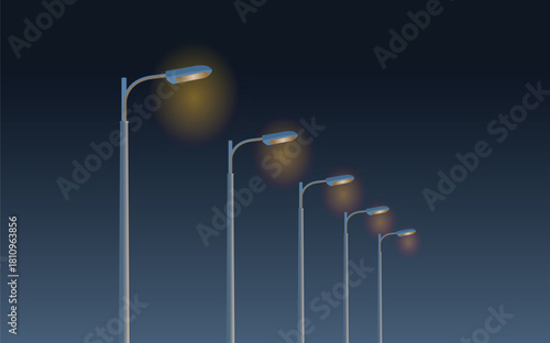 Streetlights illuminate the evening sky in a peaceful and serene urban landscape.