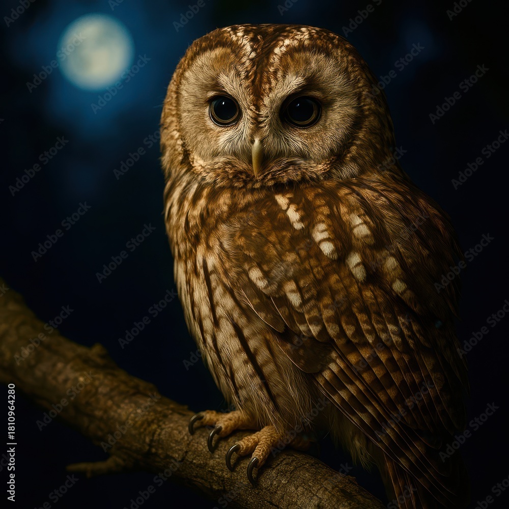 Obraz premium A brown owl is perched on a branch