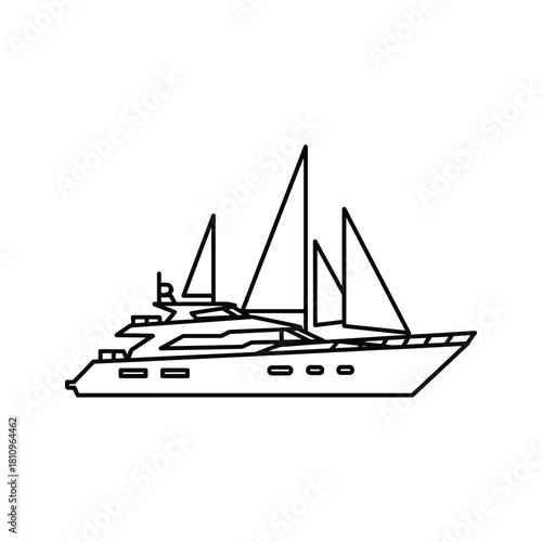 Outline drawing of a modern luxury yacht with sails