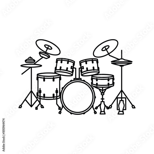 Simple line drawing of a drum kit with cymbals and pedals