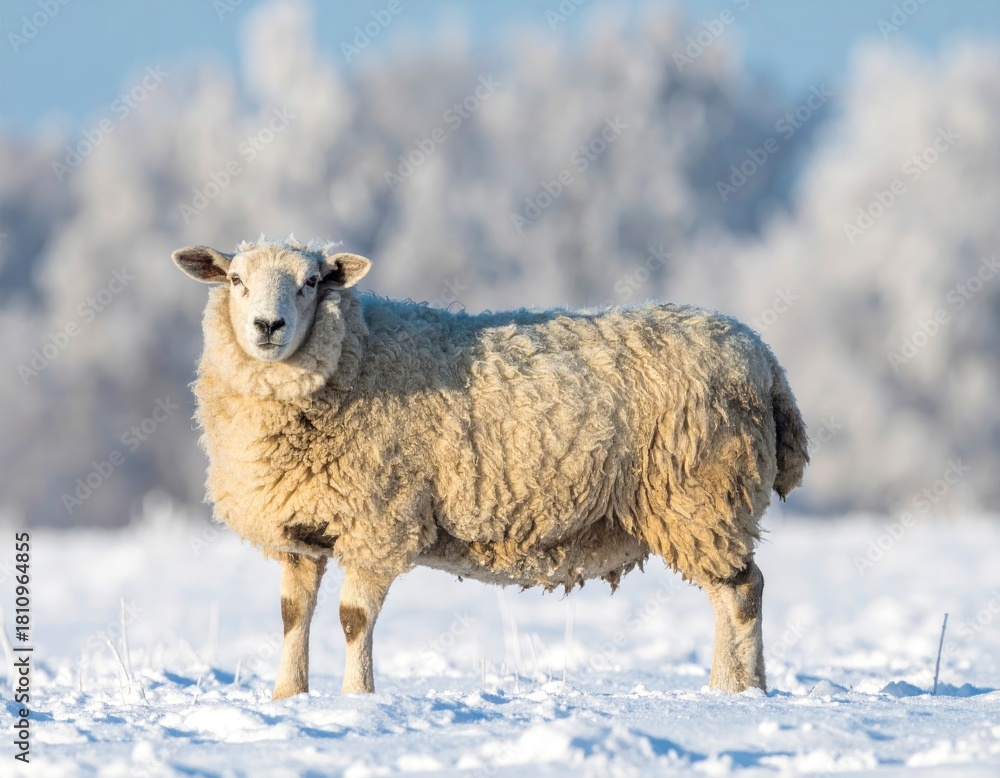 Naklejka premium Sheep in Winter Wonderland - A Portrait of Resilience and Serenity.