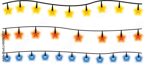 Festive string lights with star shaped bulbs in yellow orange blue