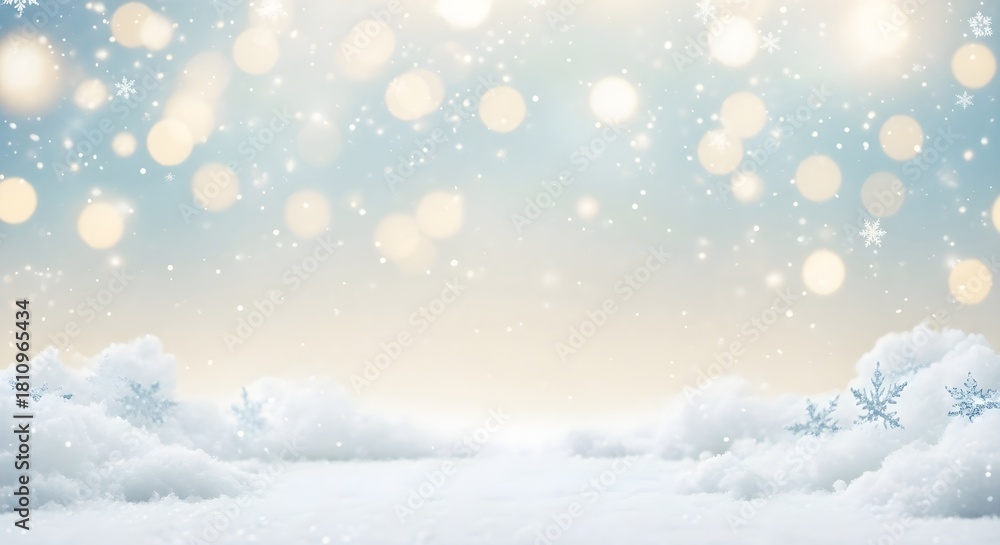 Fototapeta premium Magical winter background with soft bokeh lights, falling snow, and fluffy clouds creating a dreamy, festive holiday atmosphere for copy space