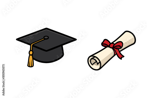 Mortarboard cap and rolled diploma scroll with red ribbon icon