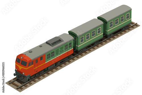Isometric view of diesel locomotive pulling passenger rail cars on tracks