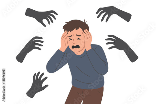 Distressed man overwhelmed by dark reaching hands symbolizing mental pressure