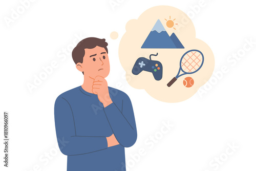 Man contemplating leisure activity choice between video games and outdoor sports