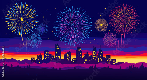 Vibrant Fireworks Exploding Over a Cityscape at Dusk, Celebrating Festive Events and Grand Occasions with a Dazzling Night Sky Display