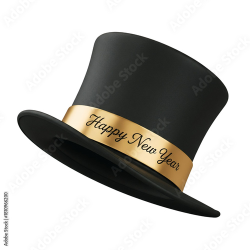 Black top hat with gold happy new year ribbon isolated on transparent background