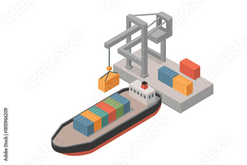 Isometric cargo ship loading and unloading at port terminal
