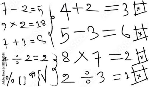Incorrect math equations written in cursive with check marks and crosses