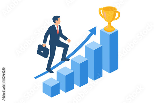 Businessman climbing rising bar chart toward golden trophy icon symbolizing success