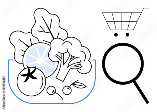Fresh vegetables thumbs up tomato, broccoli, lemon, and cherries in a bowl beside shopping cart and magnifying glass. Ideal for healthy eating, online grocery shopping, nutrition, wellness, food