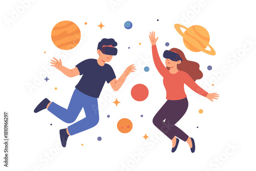 Couple using VR headsets exploring futuristic digital space simulation