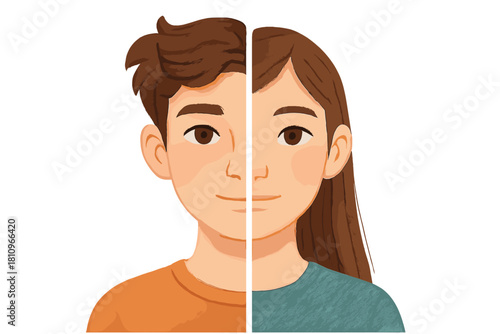 Split portrait of young male and female faces side by side