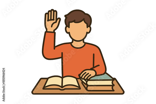 Student raising hand while sitting at desk with open book and textbooks