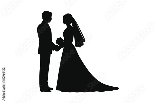 Silhouette of bride and groom holding hands on wedding day