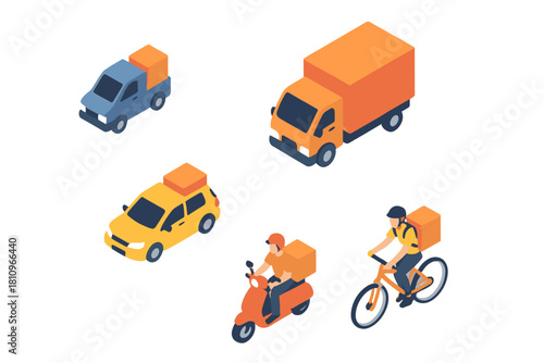 Isometric set of delivery vehicles and couriers transporting packages