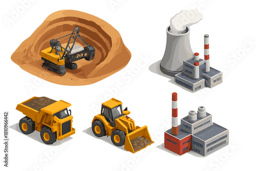 Isometric icons of heavy machinery and industrial power plant elements