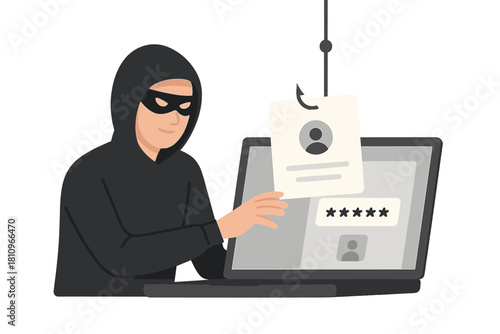 Masked person stealing sensitive information using a laptop computer