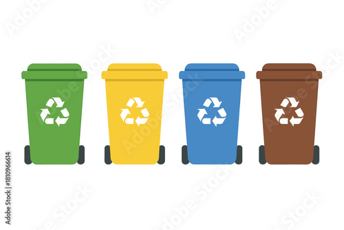 Four colored recycling bins featuring universal waste sorting symbol