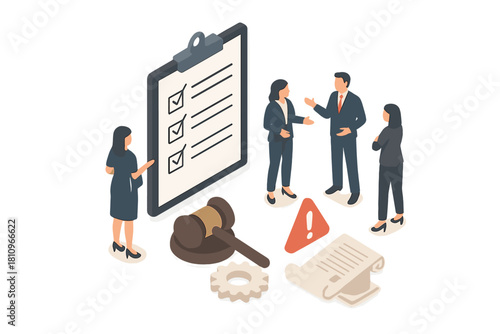 Isometric business team reviewing legal compliance checklist and gavel