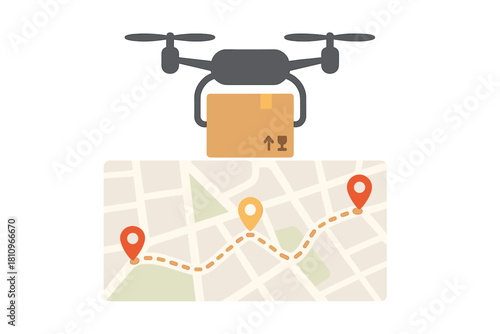 Quadcopter drone flying above city map showing package delivery tracking route