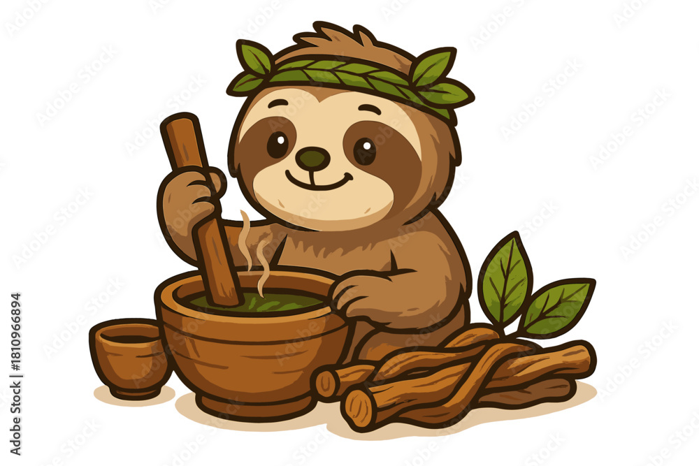 Obraz premium Adorable sloth preparing natural herbal remedy using mortar and pestle