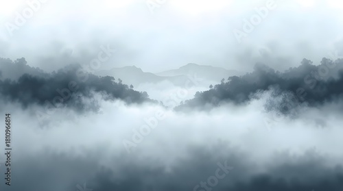 Black and white photo of foggy landscape with distant mountains and soft gray clouds  