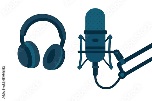Studio microphone and over ear headphones set for audio production