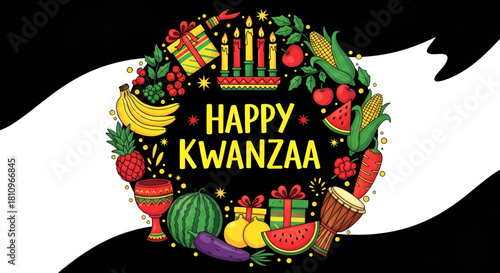 Vector collection of Happy Kwanzaa. Holiday symbols on black background in wreath.
