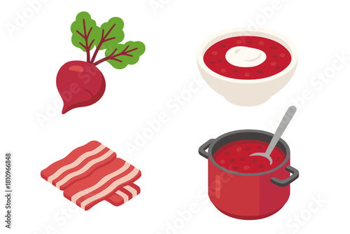 Isometric steps for preparing traditional beet soup with fresh ingredients