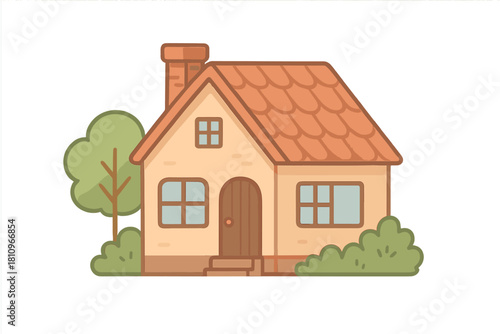 Simple cottage house with chimney and surrounding greenery