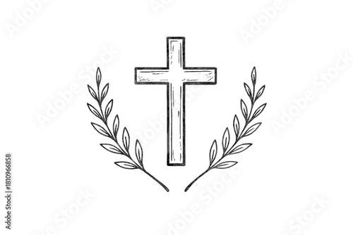 Christian cross emblem framed by laurel branches in sketch style