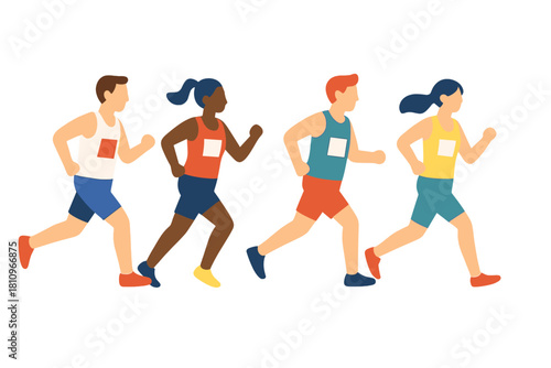 Diverse group of athletes running in competitive race attire