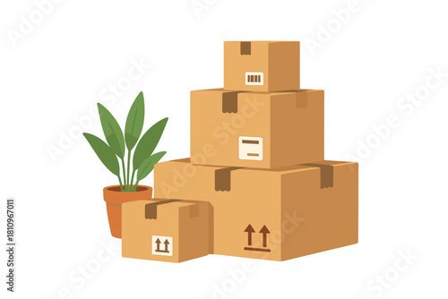 Stack of brown cardboard moving boxes beside a green potted houseplant
