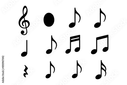 Collection of black music symbols including treble clef, notes, and rests