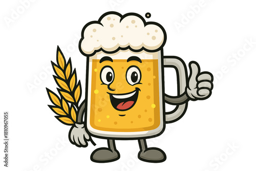Cheerful beer mug mascot giving thumbs up while holding wheat stalk