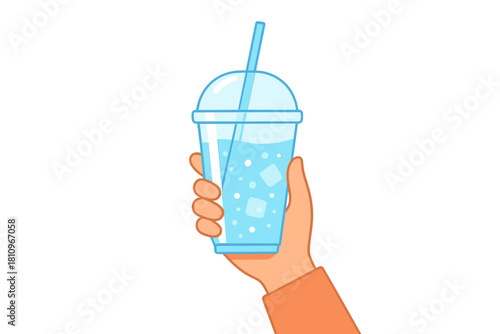 Hand holding clear plastic cup with cold beverage and ice cubes